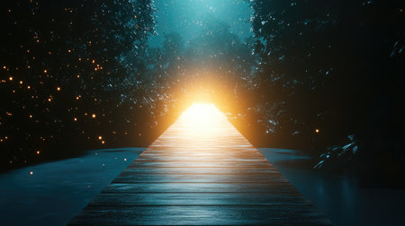 An illuminated bridge extending into a point of light, showing a successful business journey.の素材