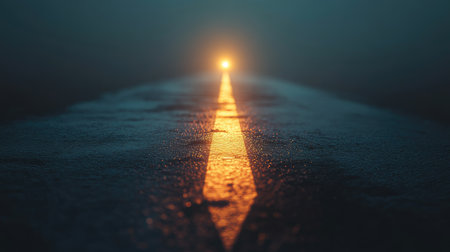 Business concept with a glowing arrow path, leading to a bright focus point of light in the distance.の素材