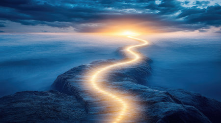 A path made of light beams leading to a bright destination, symbolizing strategic business growth.の素材