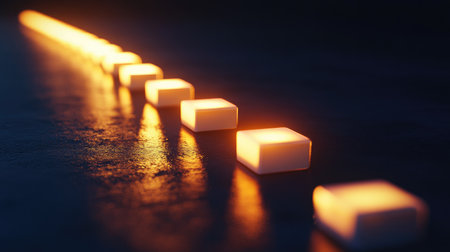 A row of glowing dominoes leading to a bright focus point, representing strategic success.の素材