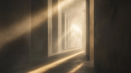 Abstract light beams forming a path toward a bright focal point, symbolizing essential strategies.の素材