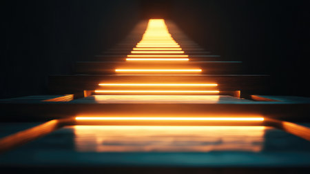 Business concept: A glowing light at the end of a bridge made of illuminated planks.の素材