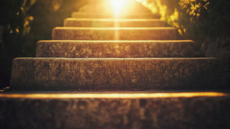 Focused light on a set of stairs leading upward, each step representing a key business strategy.の素材