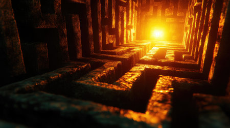 A glowing focus point at the end of a labyrinthine path, signifying business strategy solutions.の素材