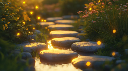 Stepping stones glowing under soft light, creating a path to a focus point of success.の素材