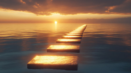 Path to success with glowing milestones leading toward a horizon bathed in golden light.の素材