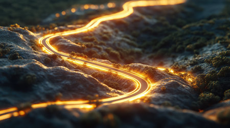 A road winding through hills, with the endpoint glowing in golden light, symbolizing achieved goals.の素材