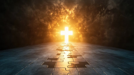 Business strategy concept with puzzle pieces forming a path toward a glowing light.の素材