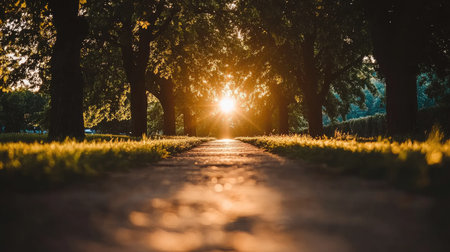 A tree-lined path with sunlight breaking through at the end, representing strategic business goals.の素材