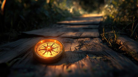 A glowing compass on a wooden path, pointing to a bright focus point, symbolizing strategic direction.の素材