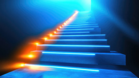 Conceptual image of a staircase, each step glowing with light, highlighting essential strategies.の素材