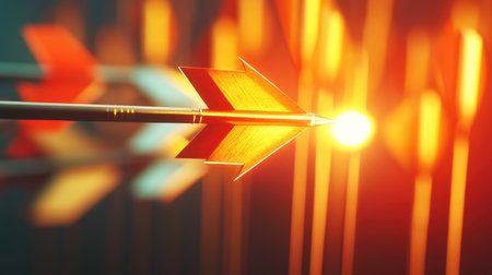 Essential strategies concept: arrows converging on a glowing point, symbolizing focus and success.の素材
