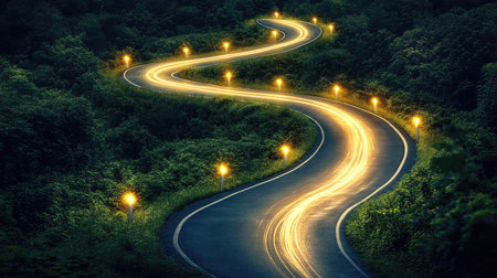 Image of a curving road with light poles, each lighting up strategic steps toward success.の素材