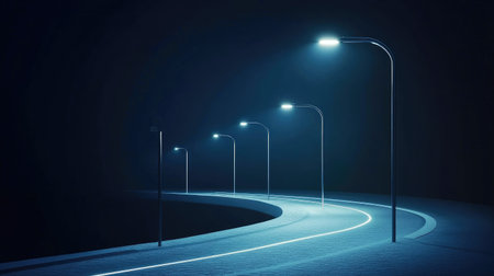 Image of a curving road with light poles, each lighting up strategic steps toward success.の素材