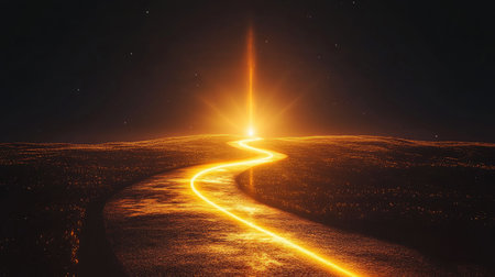 Abstract glowing lines forming a path to a shining point of light, symbolizing strategic clarity.の素材