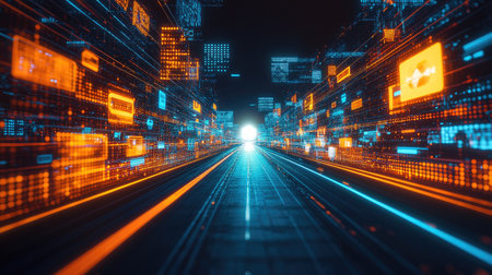 An empty road with illuminated signs, each representing a business strategy, leading to a bright focus point.の素材