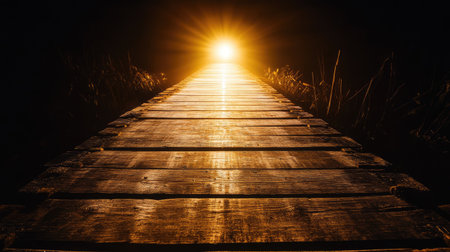 Business concept: A glowing light at the end of a bridge made of illuminated planks.の素材