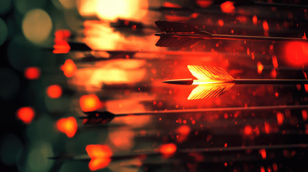 Essential strategies concept: arrows converging on a glowing point, symbolizing focus and success.の素材