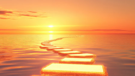 Path to success with glowing milestones leading toward a horizon bathed in golden light.の素材