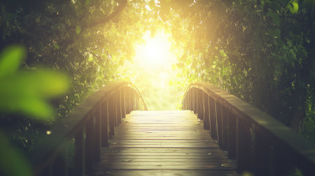 Image of a bridge leading to a light-filled future, illustrating essential steps to success.の素材