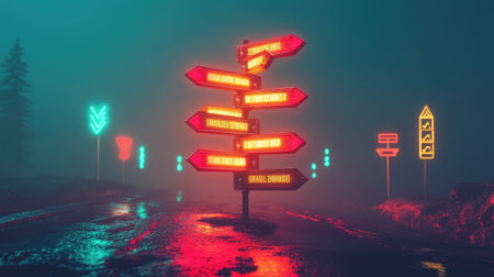 Road signs glowing with light, each labeled with business strategies, pointing toward a focus point.の素材