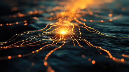 Abstract glowing lines forming a path to a shining point of light, symbolizing strategic clarity.の素材