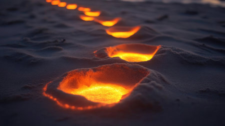 Conceptual image of footsteps glowing on a sandy path, each step marking an essential strategy.の素材