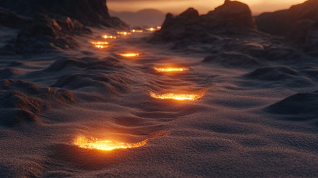 Conceptual image of footsteps glowing on a sandy path, each step marking an essential strategy.の素材