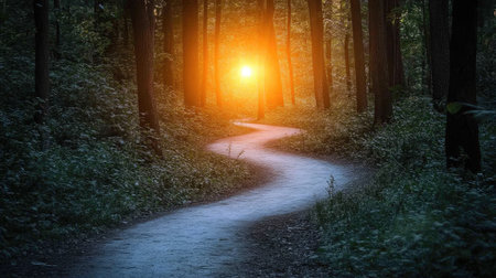 Image of a path winding through a forest, with a single bright light illuminating the end goal.の素材