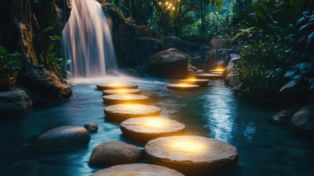 Path of glowing stones leading to a bright waterfall, symbolizing strategic breakthroughs.の素材