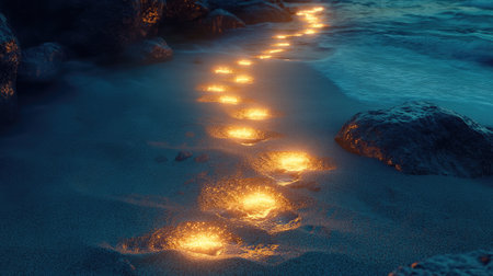 Conceptual image of footsteps glowing on a sandy path, each step marking an essential strategy.の素材