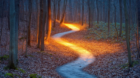 Image of a path winding through a forest, with a single bright light illuminating the end goal.の素材