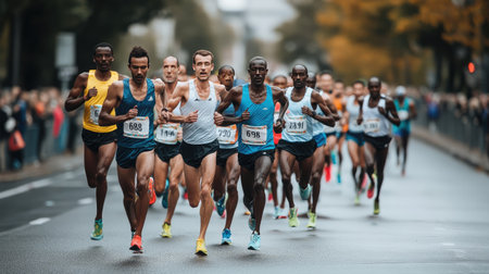 A diverse group of runners helping each other finish a race, showing support and teamwork across cultures.の素材
