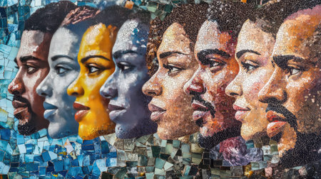 A mosaic of diverse faces forming a single, cohesive image, symbolizing unity and the beauty of racial differences.の素材