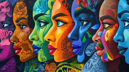 A mural showing diverse faces side by side, vibrant and expressive, celebrating cultural heritage.の素材