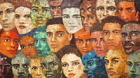A mosaic of diverse faces forming a single, cohesive image, symbolizing unity and the beauty of racial differences.の素材