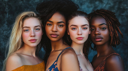 Portrait of multi-racial women standing together, their expressions confident and proud, celebrating sisterhood.の素材