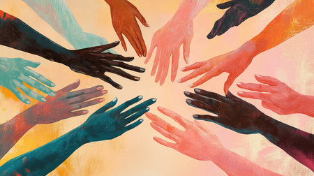 Diverse hands reaching towards each other in unity against a plain background, symbolizing connection across racial differences.の素材