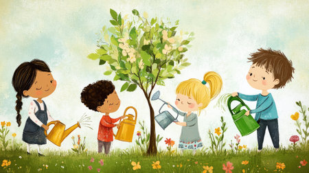 Children of different races planting a tree together, each holding a watering can, united in environmental care.の素材