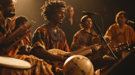 A group of musicians from diverse cultures performing together, their instruments reflecting global sounds.の素材