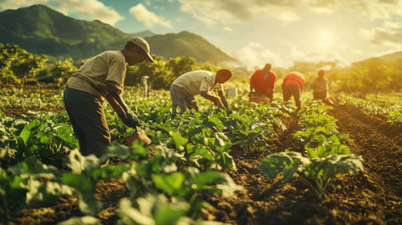 Multi-racial farmers working together in a lush field, harvesting crops as a community, promoting sustainability.の素材