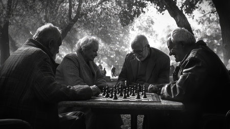 Elderly friends from various backgrounds playing chess in the park, sharing wisdom and camaraderie.の素材