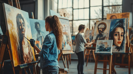 Portrait of a mixed group of artists painting side by side in a sunny studio, their works reflecting cultural themes.の素材