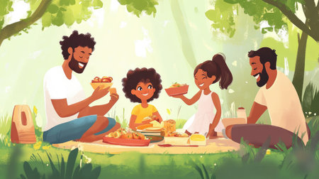 Mixed-race family enjoying a picnic at the park, sharing food and joy, showcasing love across cultural lines.の素材