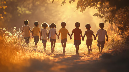 Side view of diverse kids holding hands, walking down a sunny path, symbolizing hope for the future.の素材