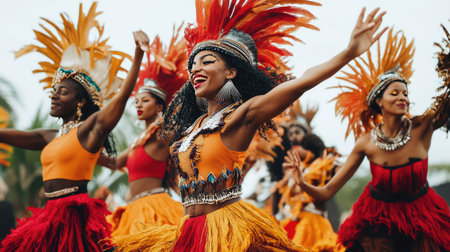 Group of diverse dancers in traditional costumes, performing a fusion dance, vibrant and energetic.の素材