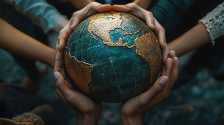 Close-up of hands of different skin tones holding a globe, emphasizing global unity and interconnectedness.の素材