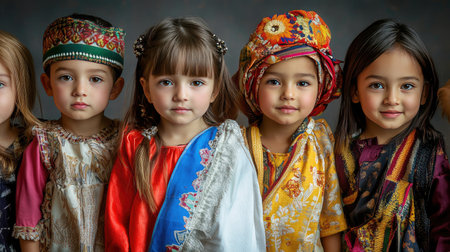 Portrait of multi-racial children wearing traditional clothing from their cultures, celebrating heritage.の素材