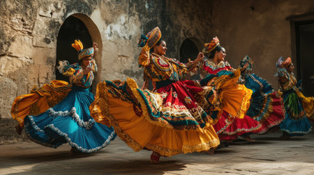 Group of diverse dancers in traditional costumes, performing a fusion dance, vibrant and energetic.の素材