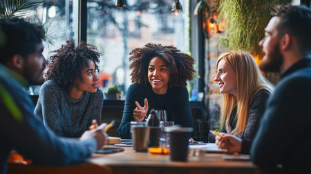 Diverse group of coworkers brainstorming together around a table, representing collaboration and inclusion.の素材
